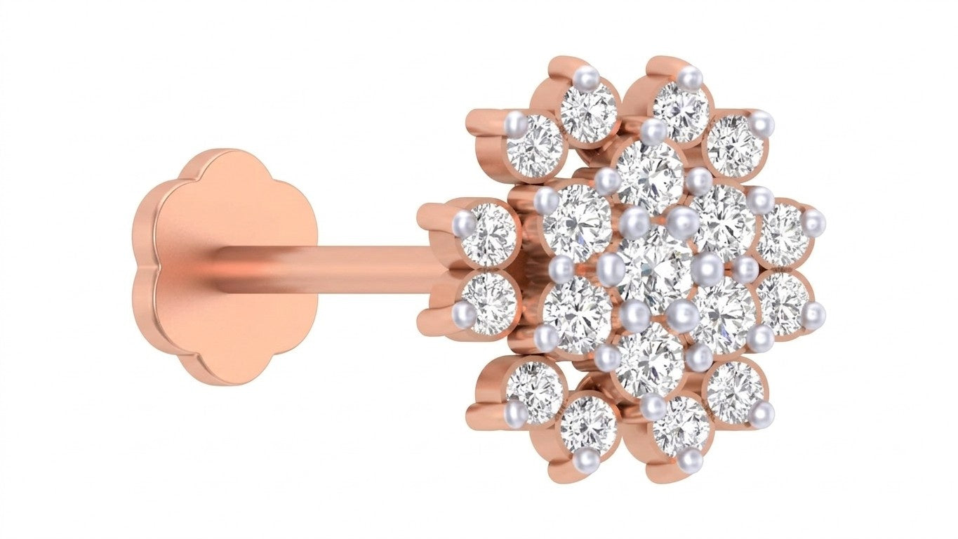rose gold and diamond stud nose pin with clear stones on a white background