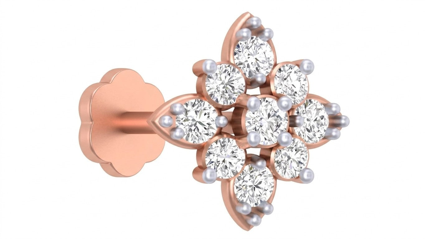 Rose gold and diamond stud nose pin on a white background
