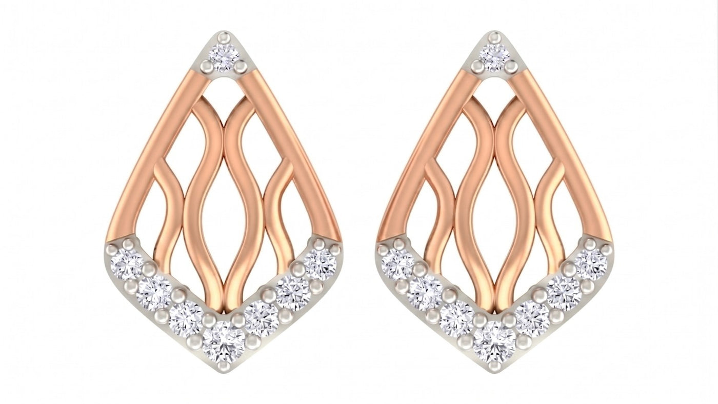 Rose gold and diamond Geometric stud earring on a white background.