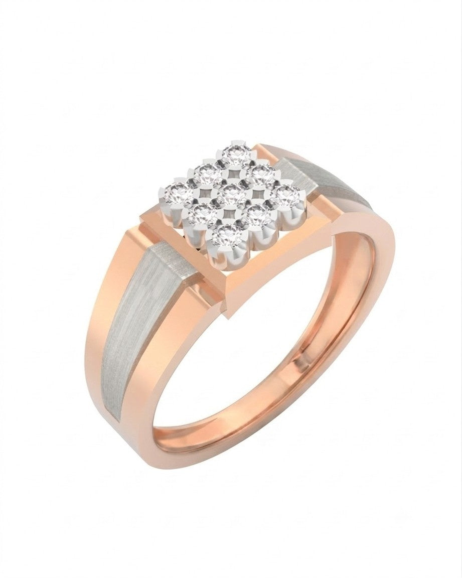 A rose gold and diamond ring featuring a square cluster, on a white background.