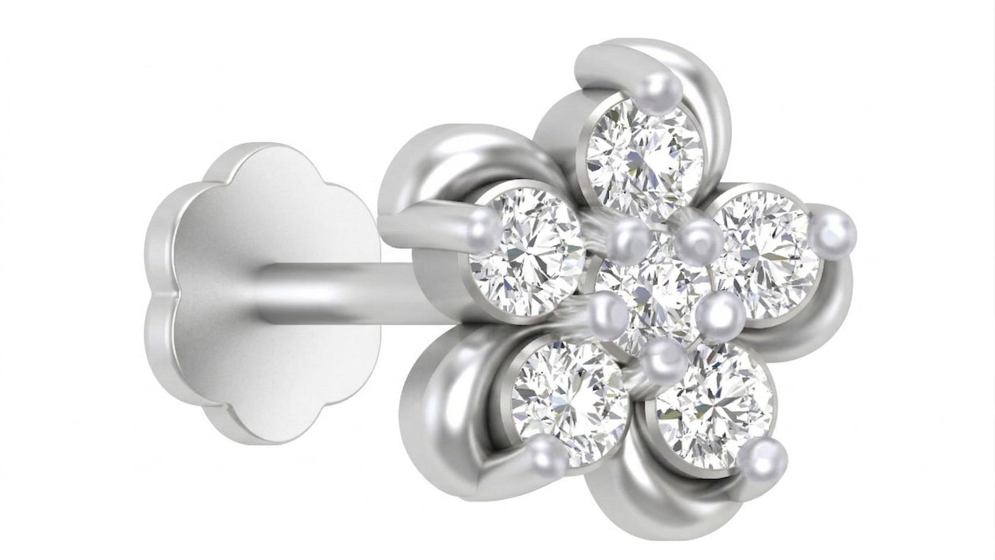 A White  gold and diamond stud nose pin featuring round clear gemstones and small white pearls, shown on a plain white background.