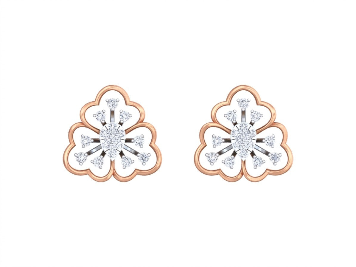 Pair of rose gold and diamond floral earrings on a white background.
