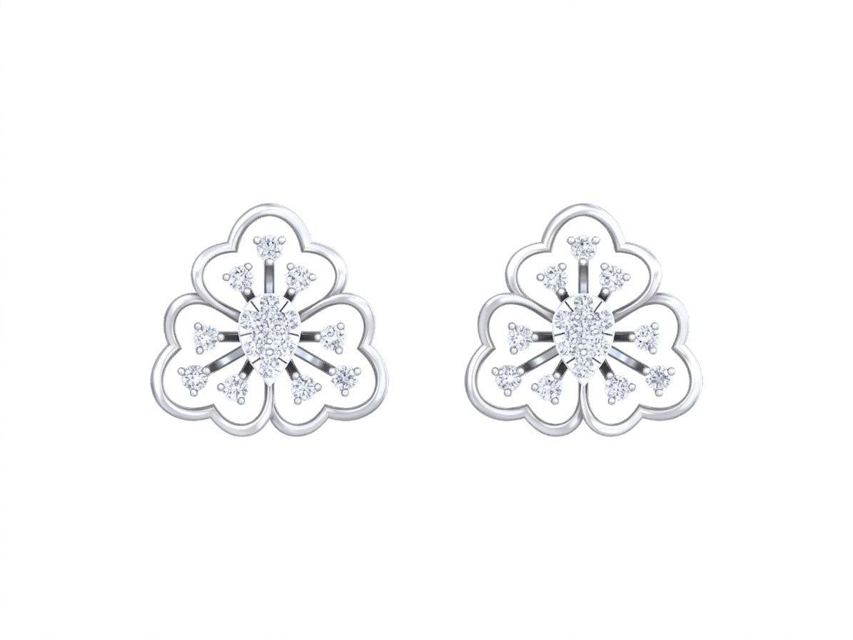 Pair of white gold and diamond floral earrings on a white background.