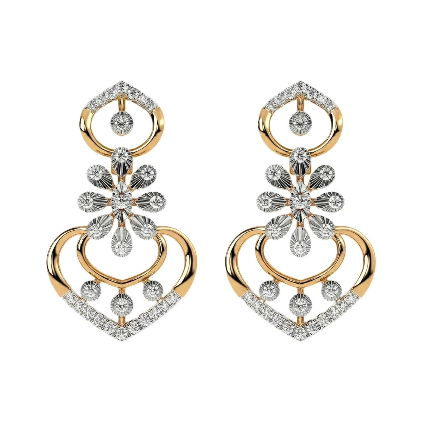 Pair of yellow gold and diamond earrings on a white background