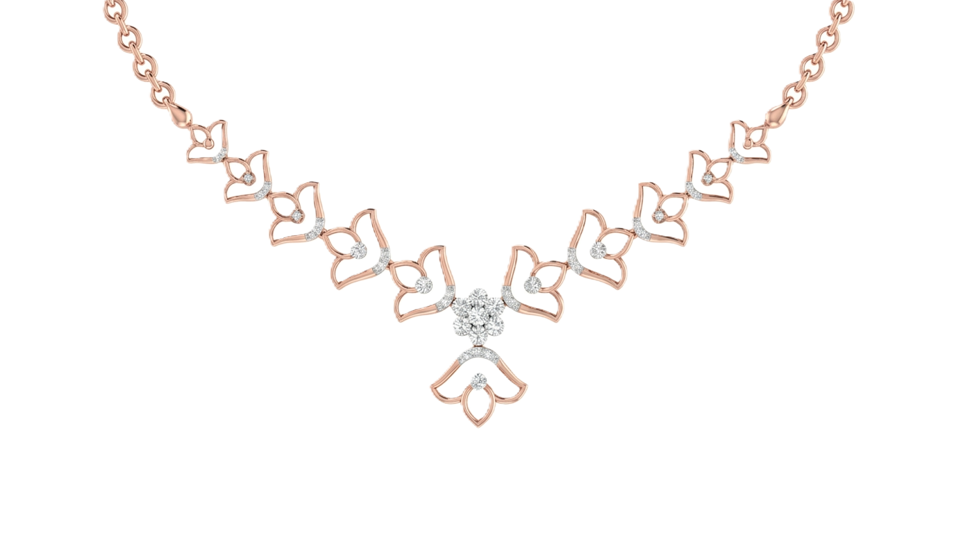 Rose gold butterfly necklace with diamonds on a white background