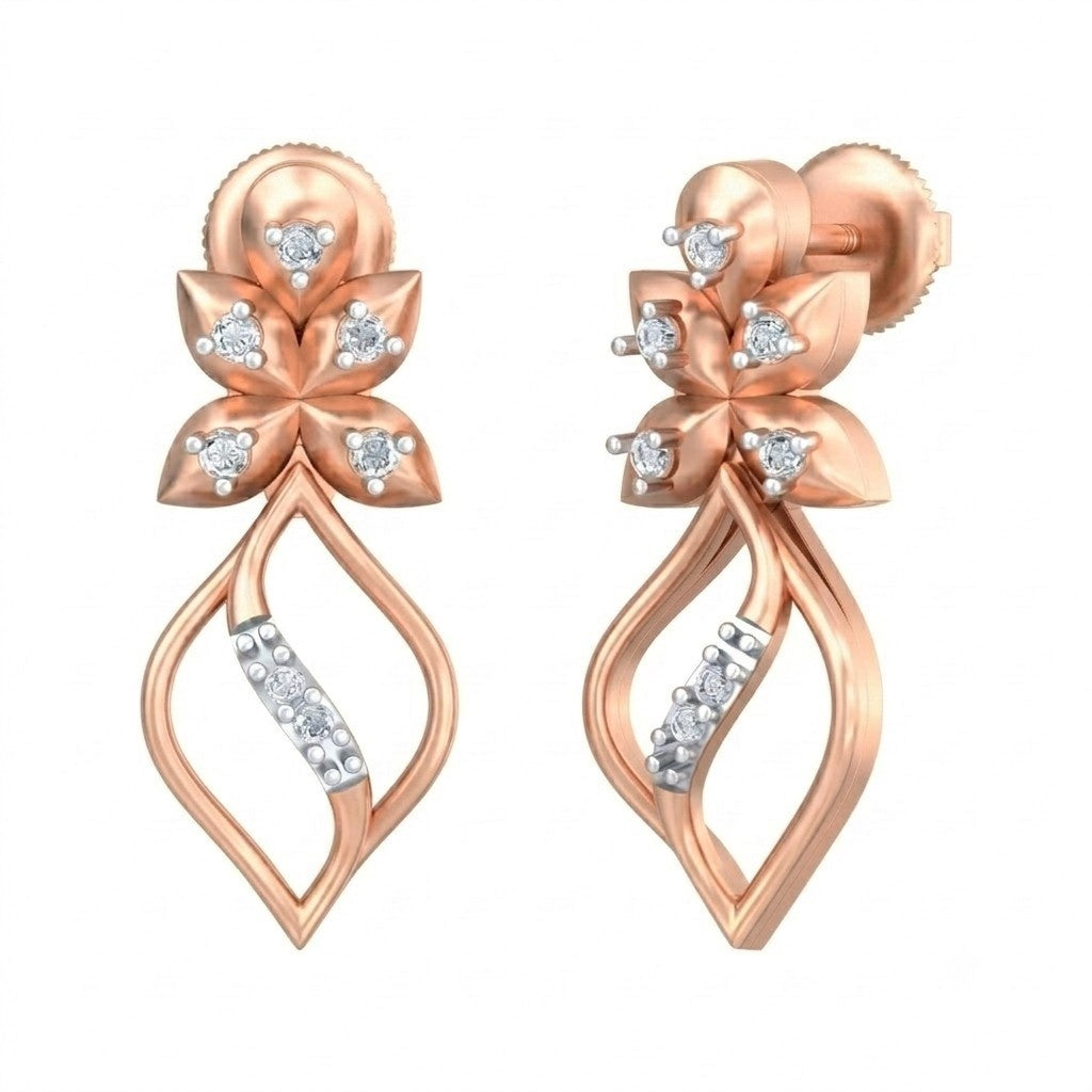 Rose gold and diamond drop earrings with floral design on a white background