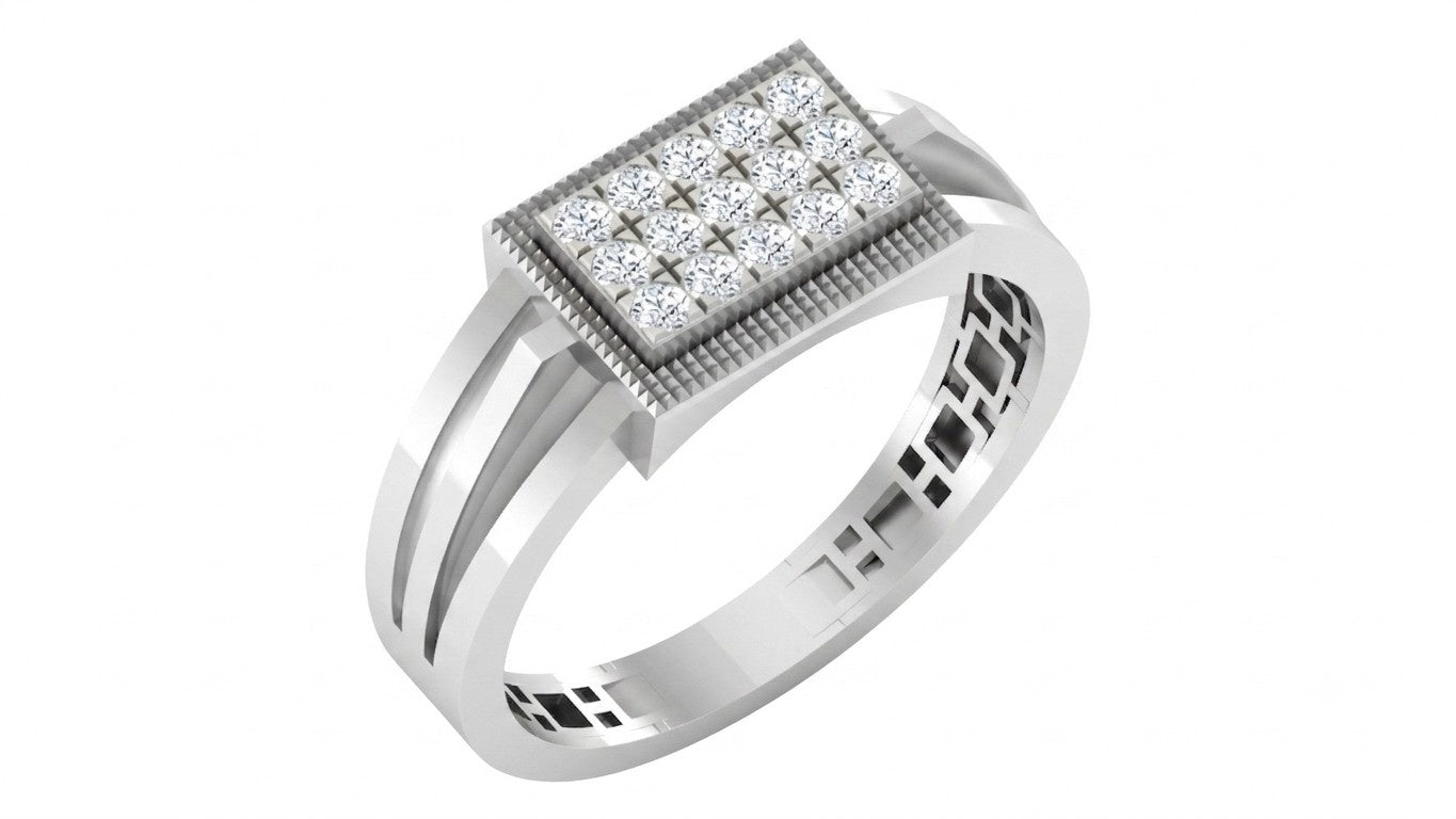 A white gold ring featuring a rectangular pavé diamond top with a central diamond, set against a plain white background.