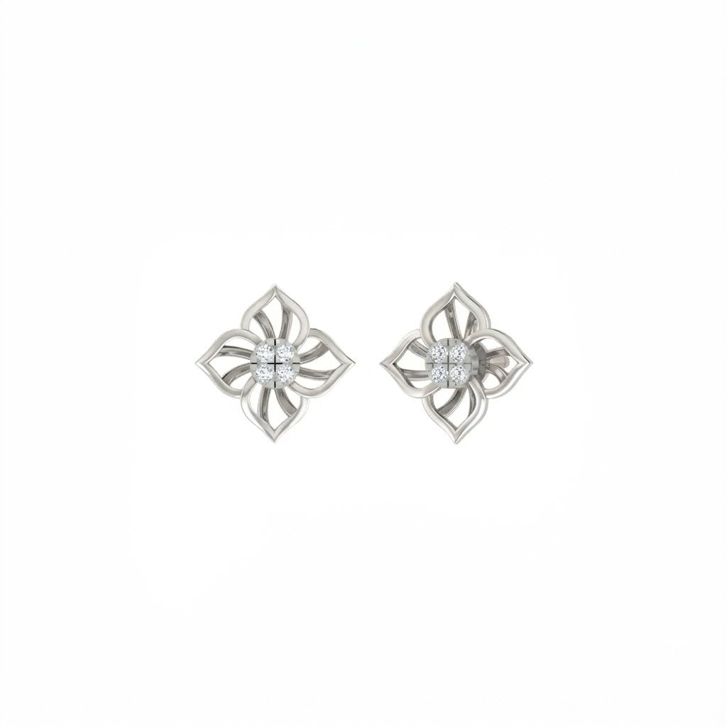 White gold and diamond floral stud earring on a white background.