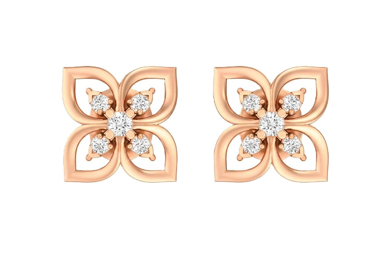 Rose gold and diamond earrings with floral design on a white background