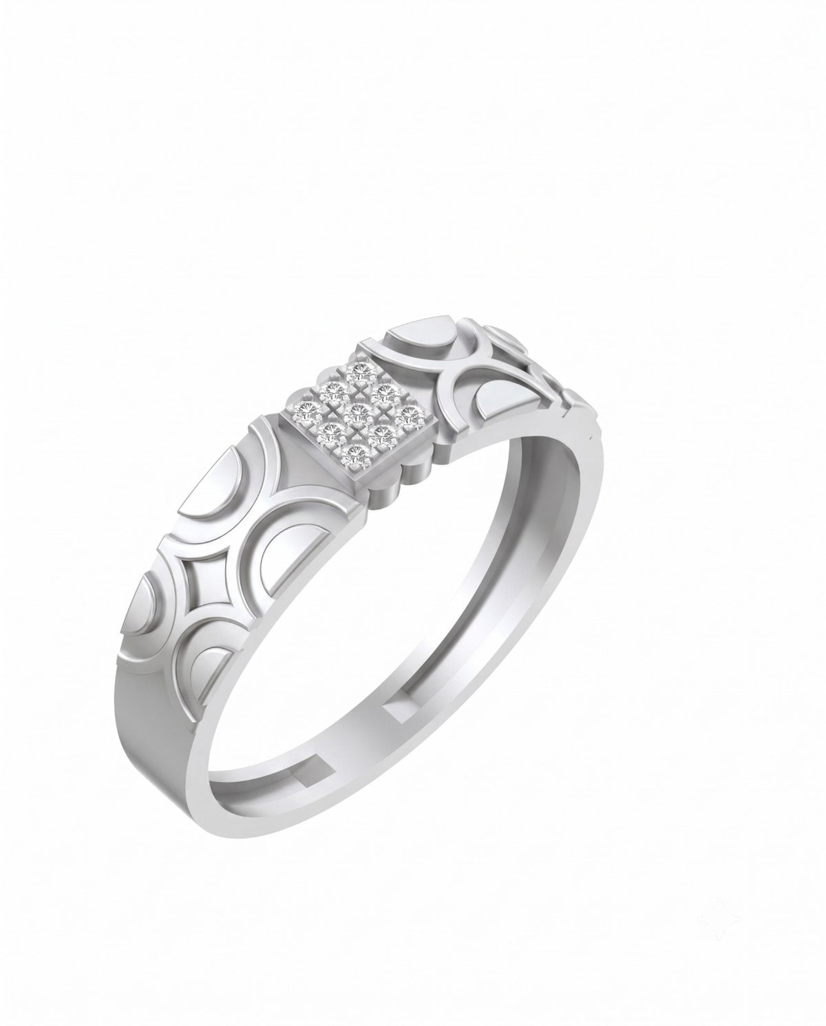 A white gold ring with an intricate pattern and square cluster at the center, shown on a plain white background.