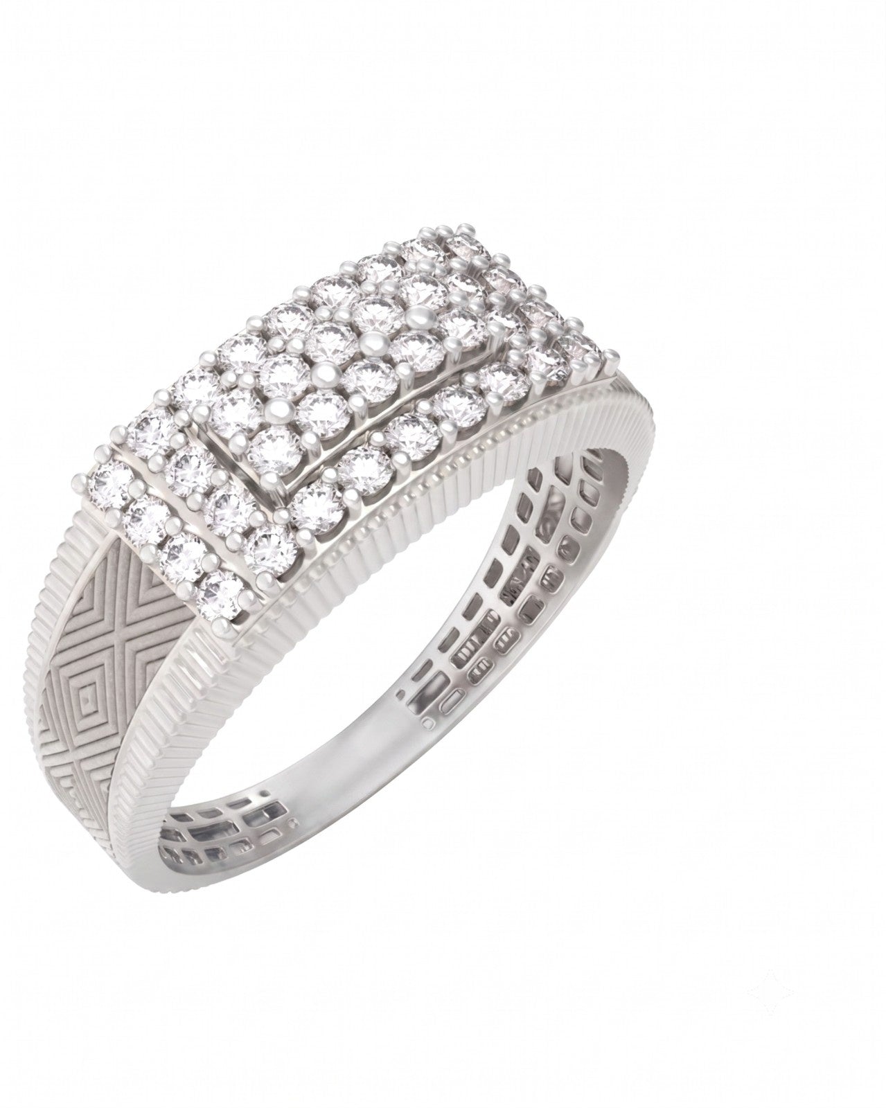 A white gold ring with a geometric block design, and textured geometric, shown on a white background.