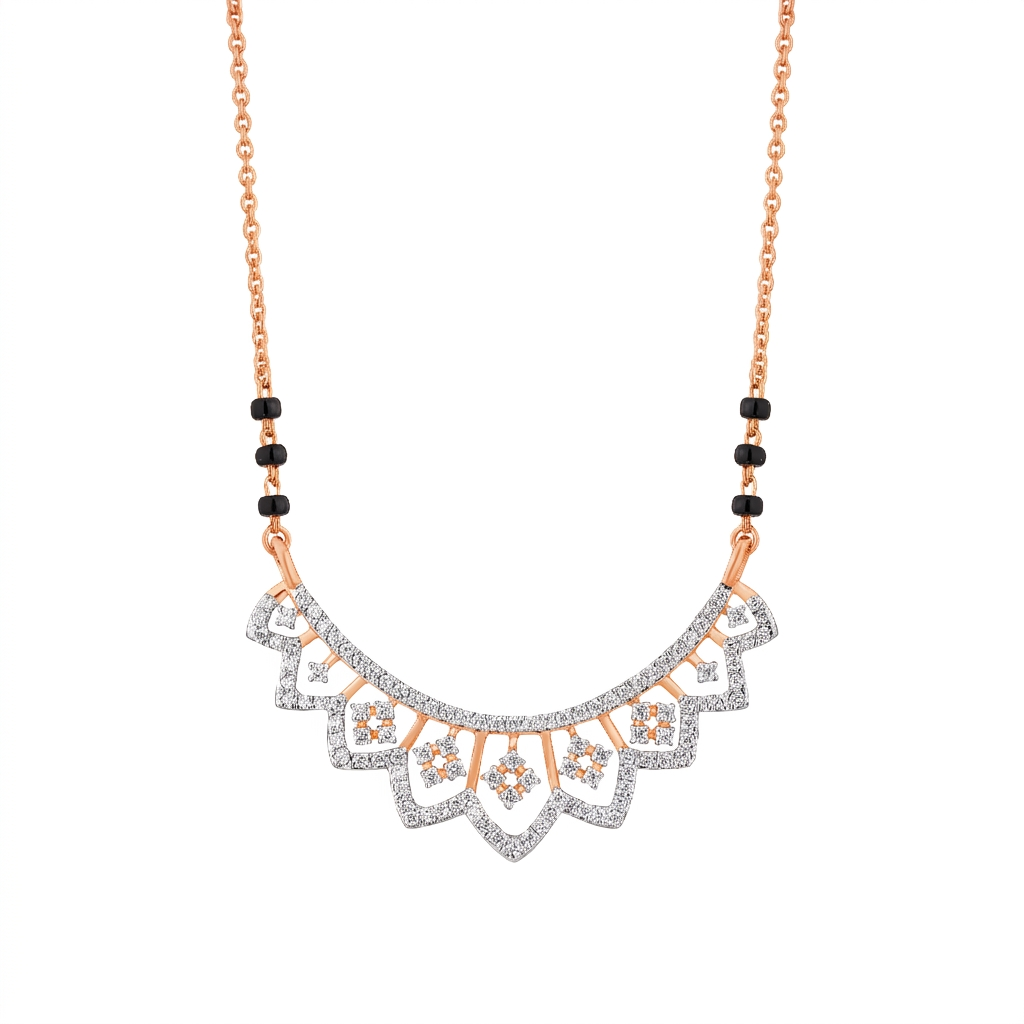 Rose gold and diamond mangalsutra with black beads on a white background