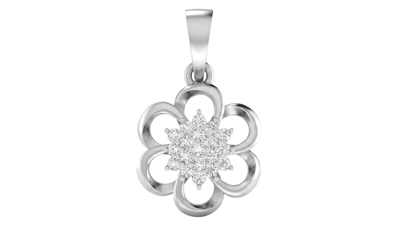 White gold and diamond floral pendant on white background
