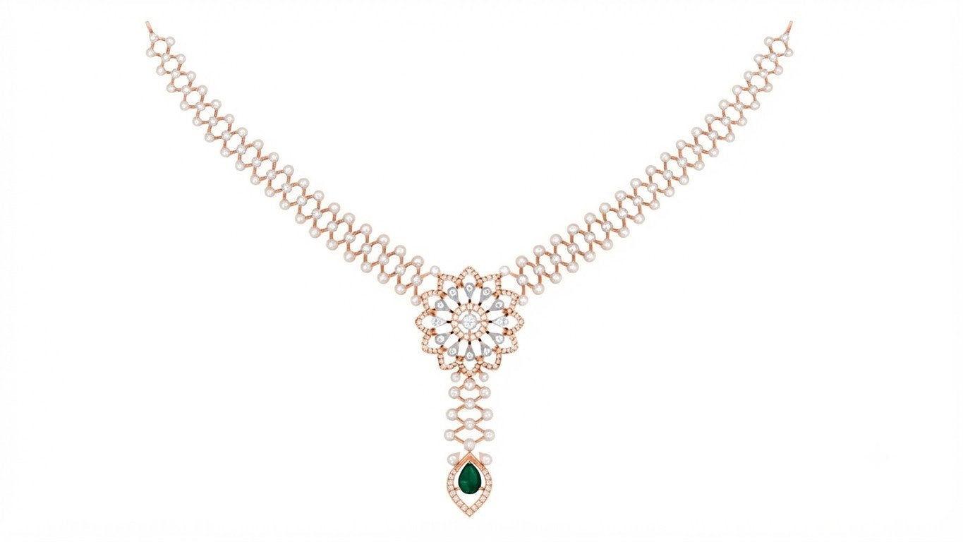 A rose gold and diamond necklace featuring a floral pendant with and a teardrop-shaped green emerald accent, displayed on a solid white background.