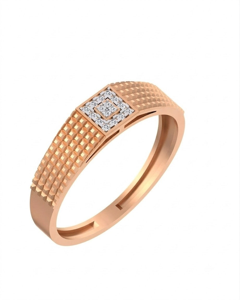 A rose gold ring with a textured geometric band and a square diamond cluster, shown against a plain white background.