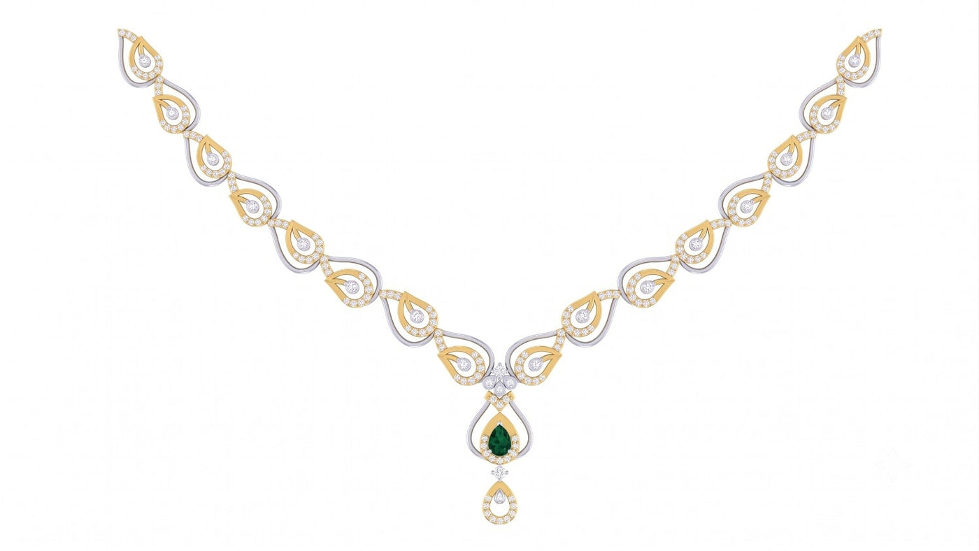 A yellow gold and diamond teardrop motifs with a central green emerald, set against a plain white background.