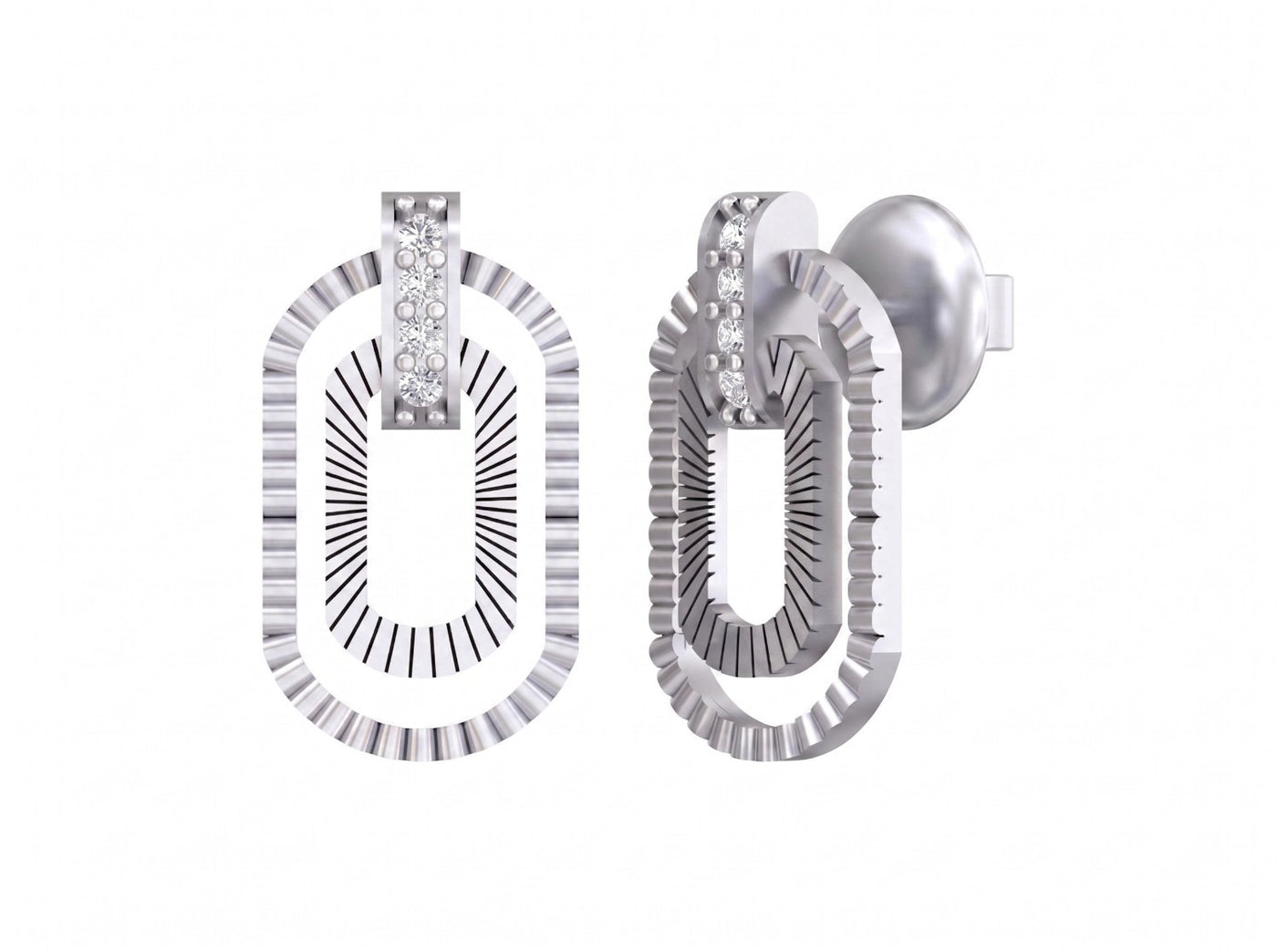White gold and diamond stud  earrings with a geometric design on a white background