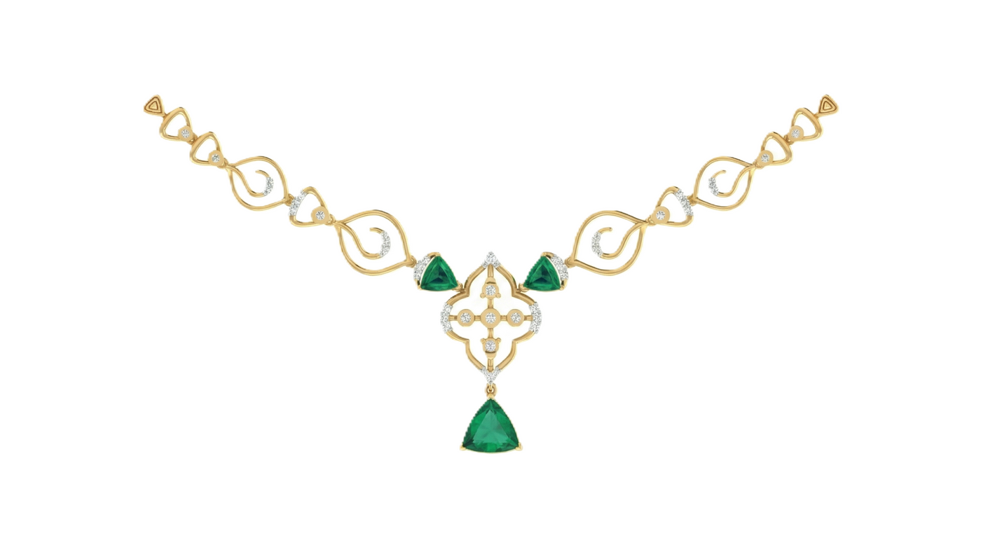 Gold necklace with three trillion-cut emeralds, diamond accents, and floral pendant drop.
