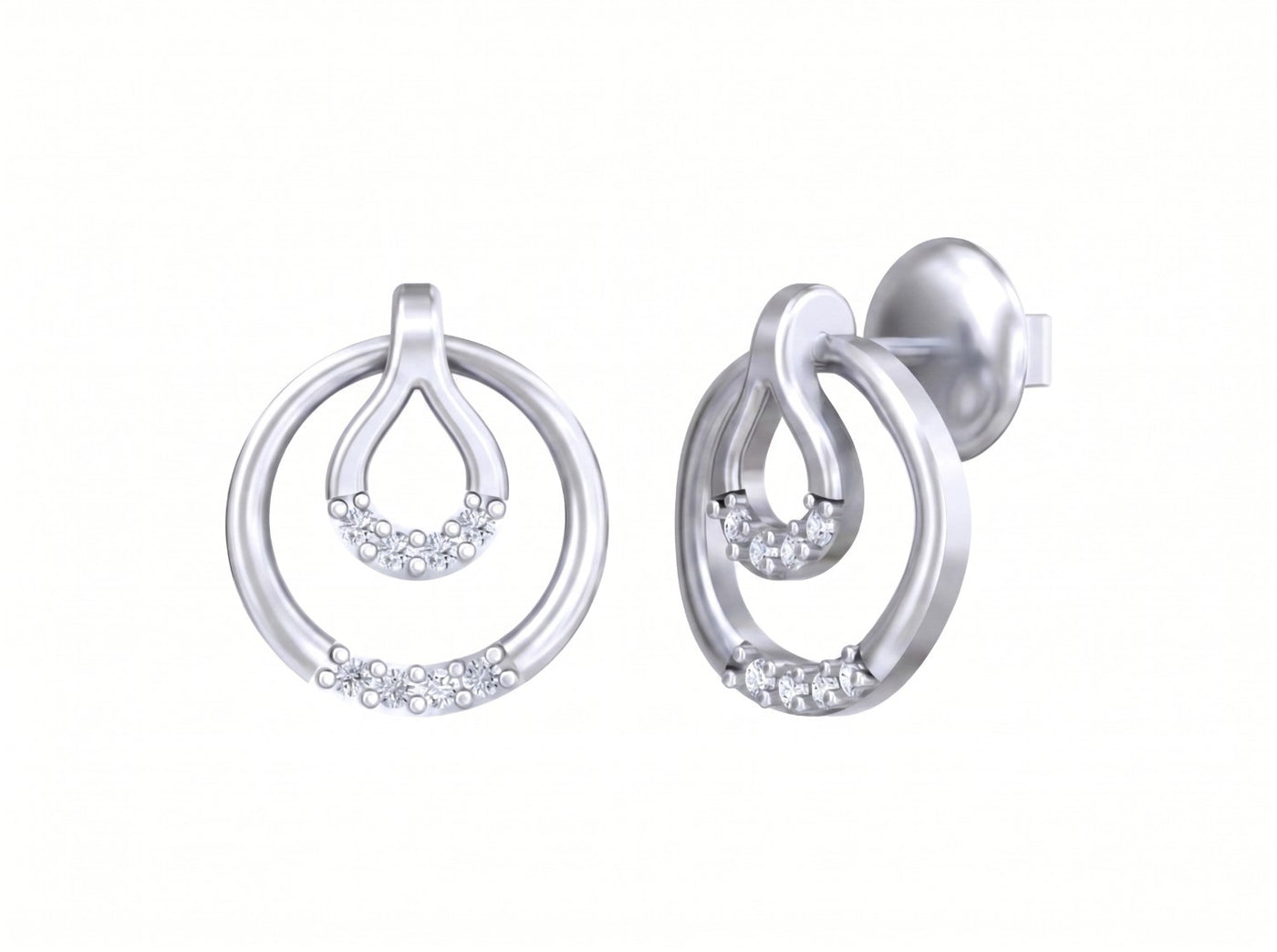 White gold and diamond earrings with circular design on a white background