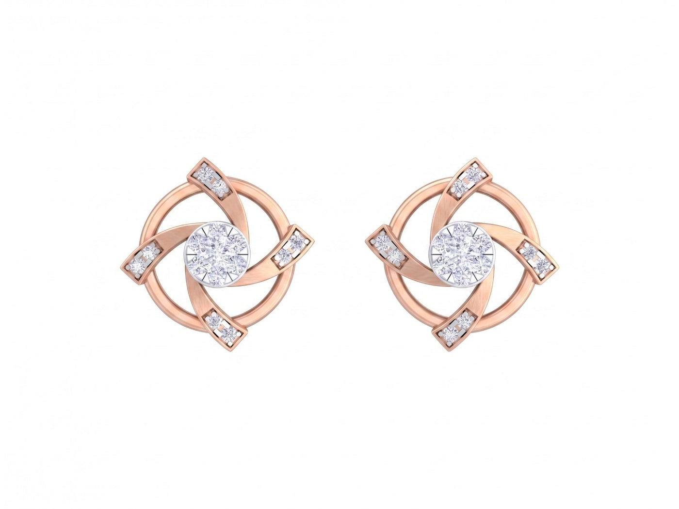 Rose gold and diamond stud earring on a white background.