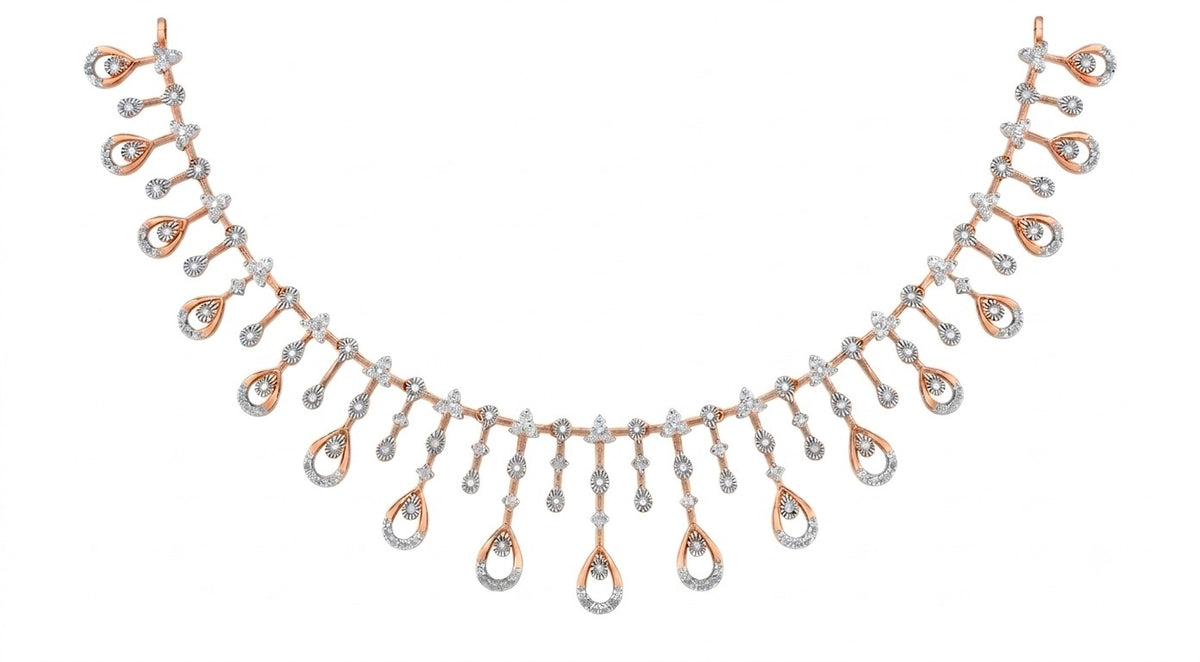 A rose gold and diamond necklace featuring a series of teardrop-shaped dangling drops, displayed against a solid white background.