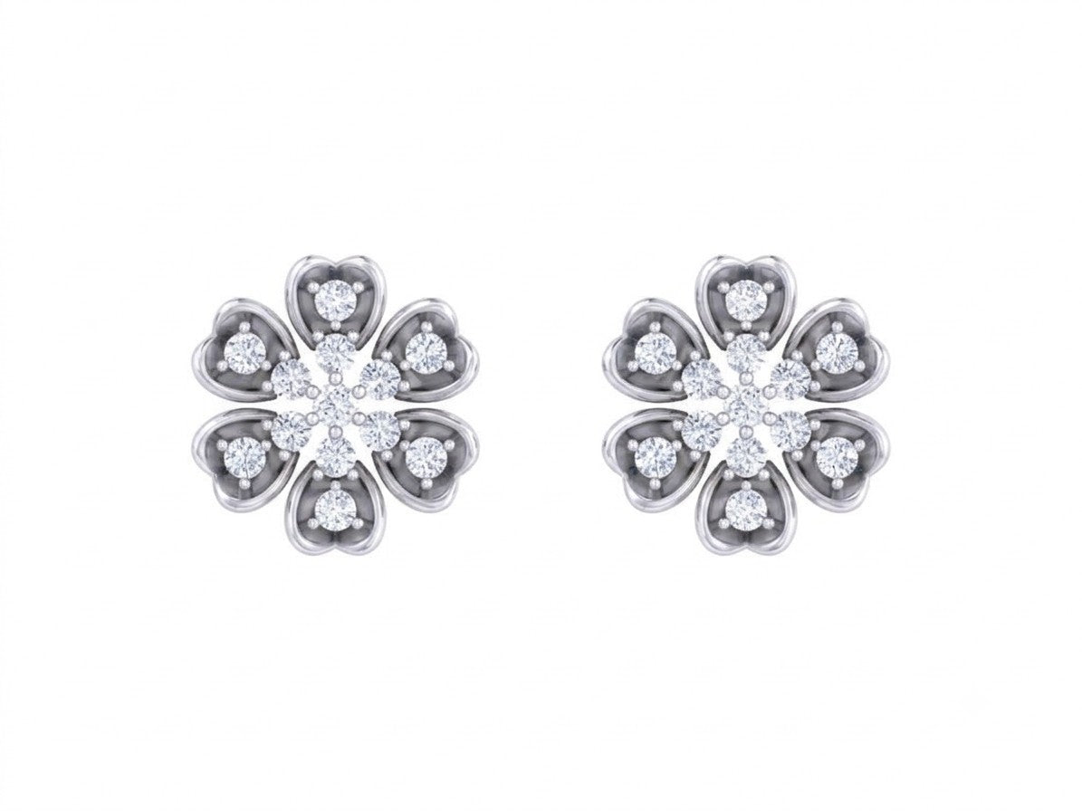 White gold and diamond stud earring with floral-design on a white background