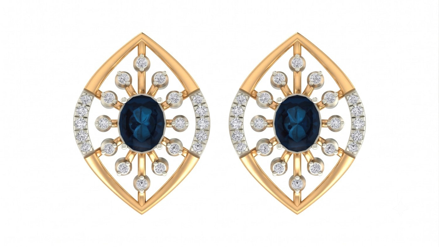 Yellow gold and diamond stud earring with sapphire on a white background.