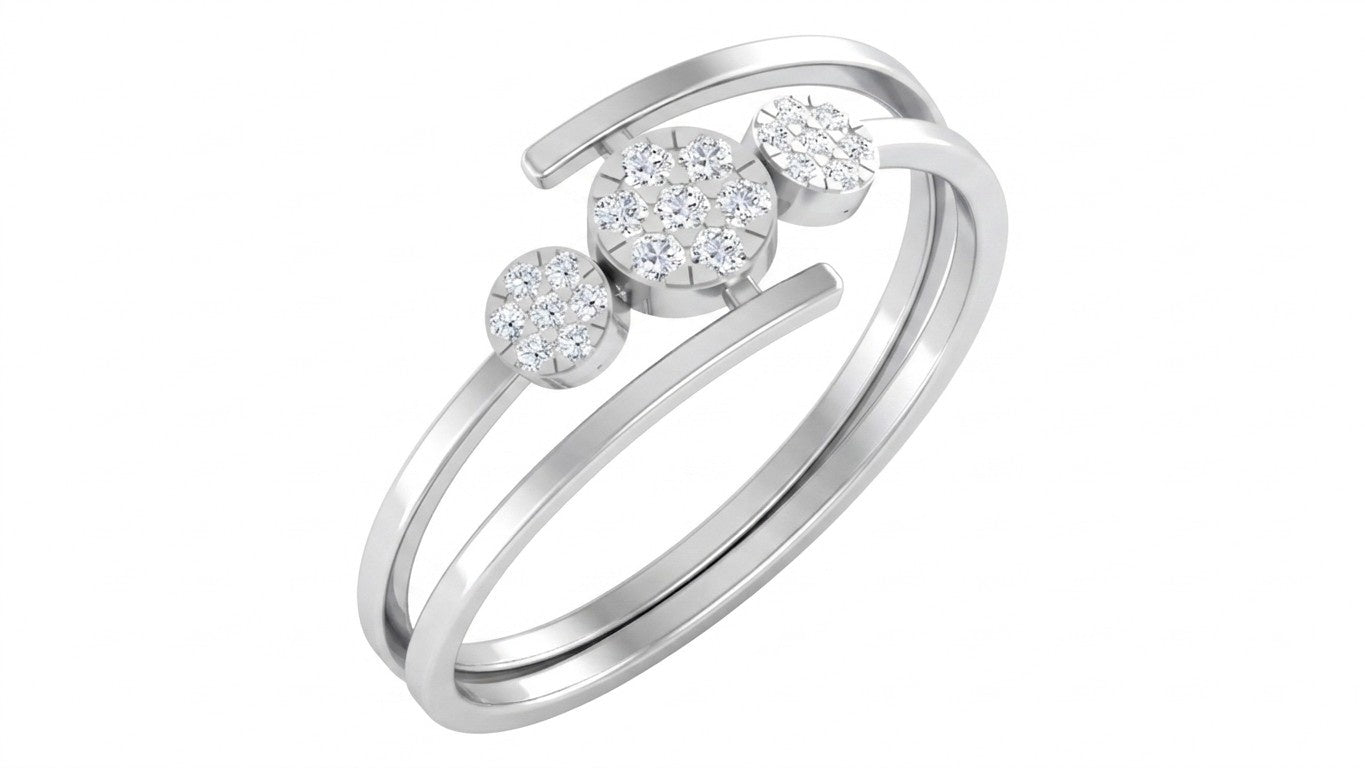 White gold ring with three diamond-like gemstones on a white background
