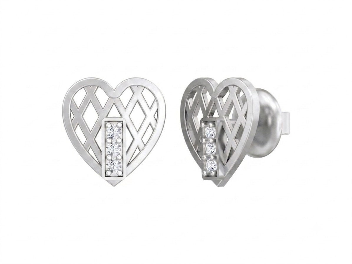A pair of white gold and diamond heart-shaped stud earrings with an open lattice design, shown on a plain white background.