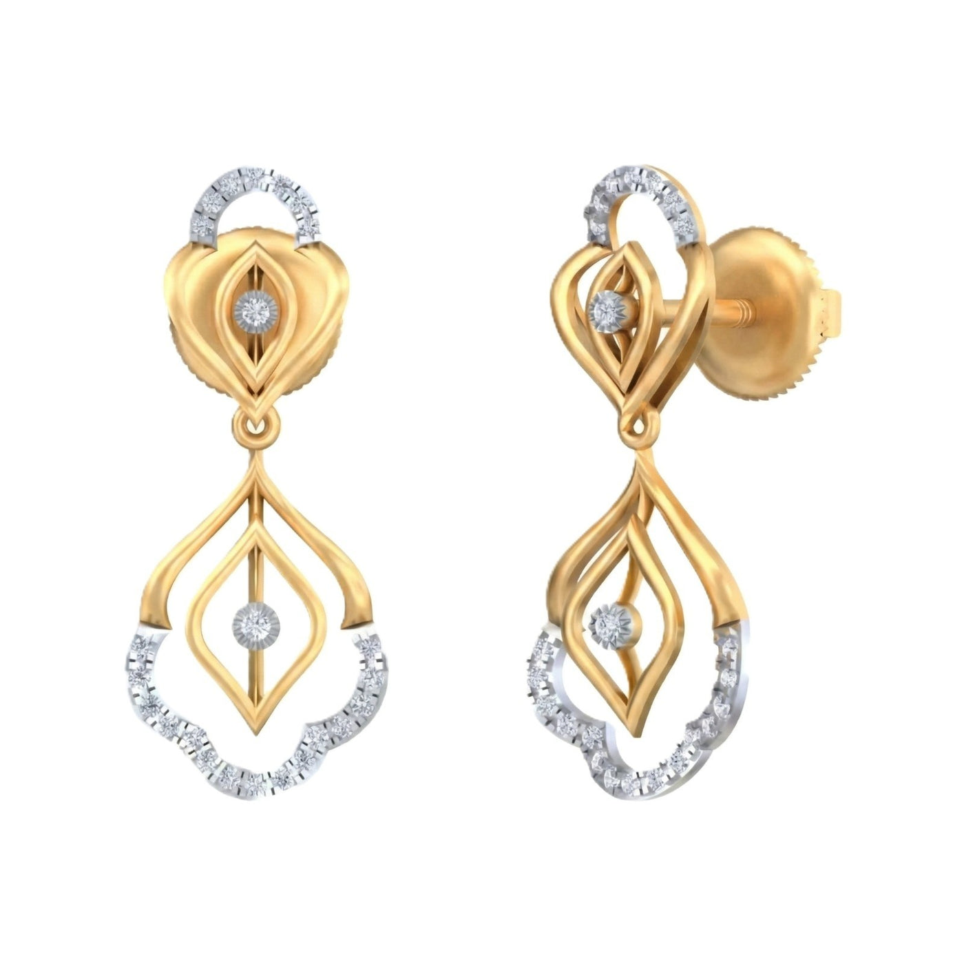 A pair of yellow gold and diamond drop earrings, displayed on a solid white background.