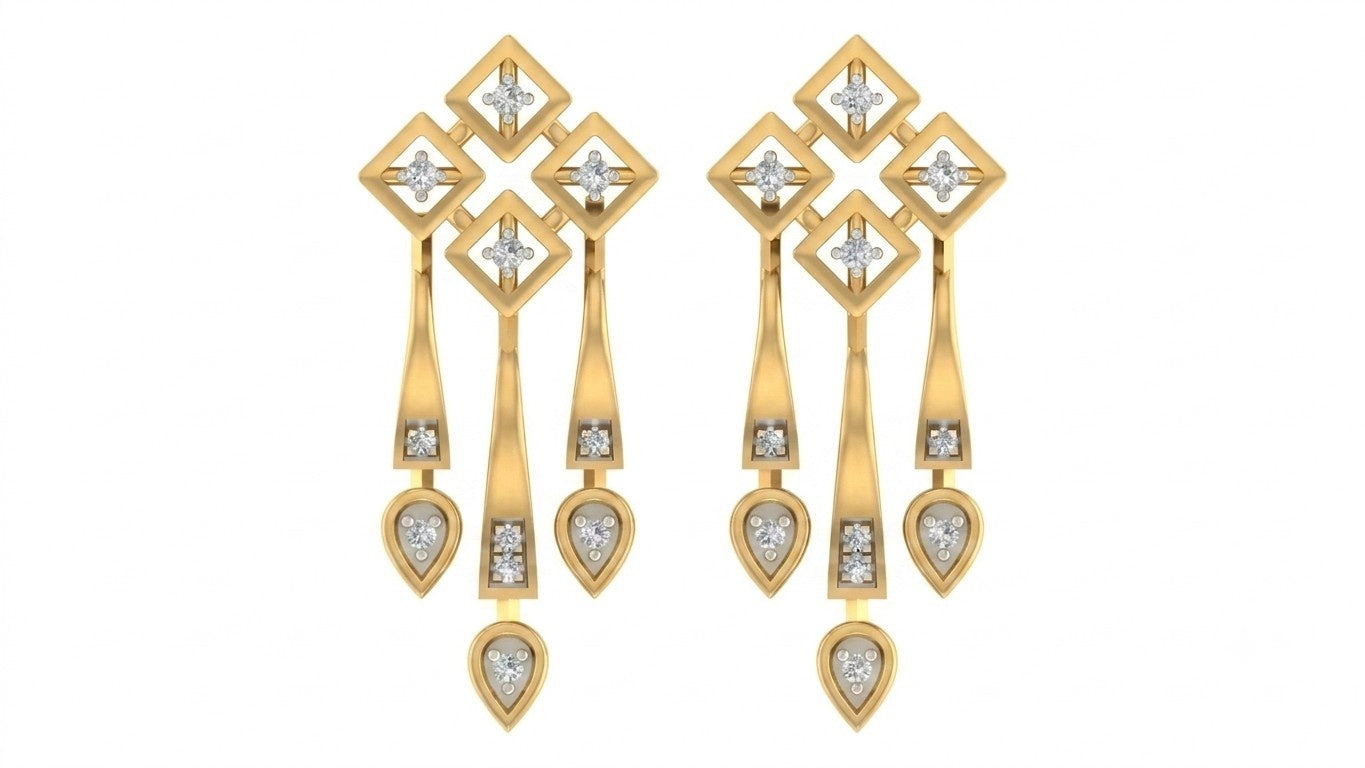 Yellow gold and diamond chandelier earrings on a white background