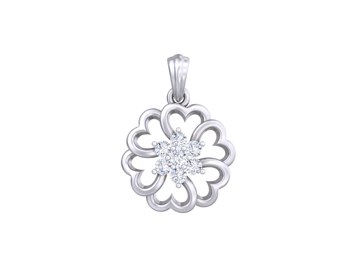 Silver floral pendant with clear gemstones on a white background