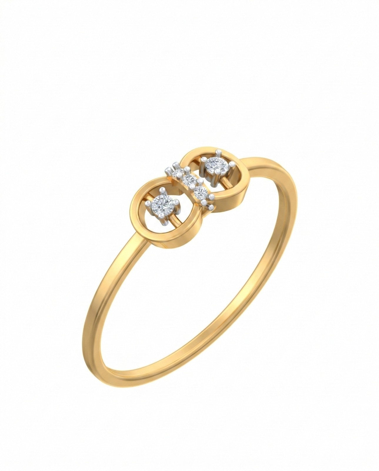 Yellow gold ring with diamond accents on a white background

