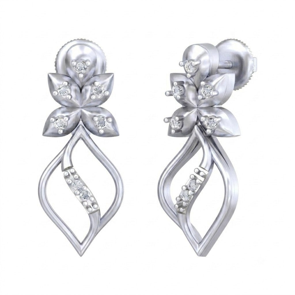 White gold and diamond drop earrings with floral design on a white background