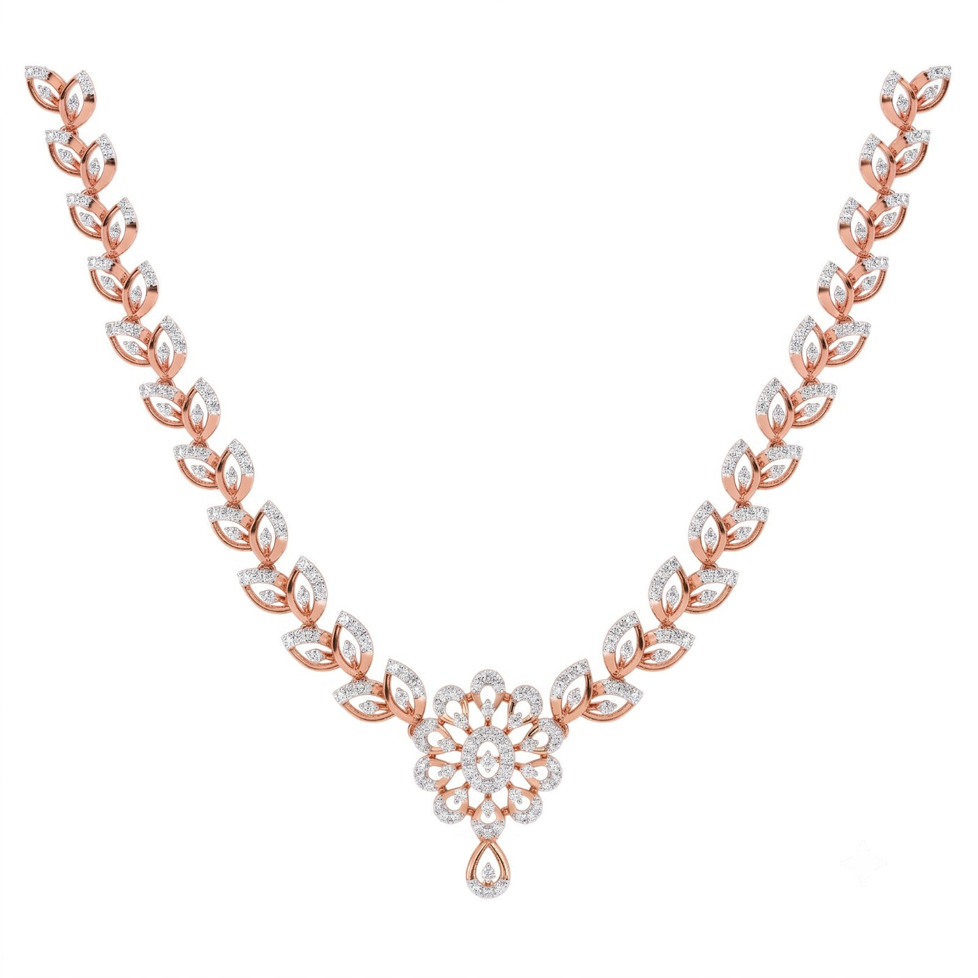 Rose gold and diamond necklace featuring  a central floral and teardrop drop, set against a plain white background.