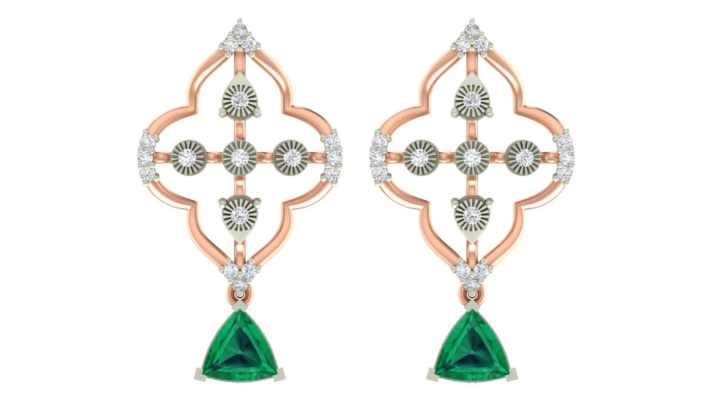 Rose gold and diamond drop earrings with emerald gemstones on a white background