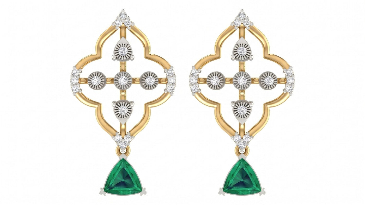 Yellow gold and diamond drop earrings with emerald gemstones on a white background