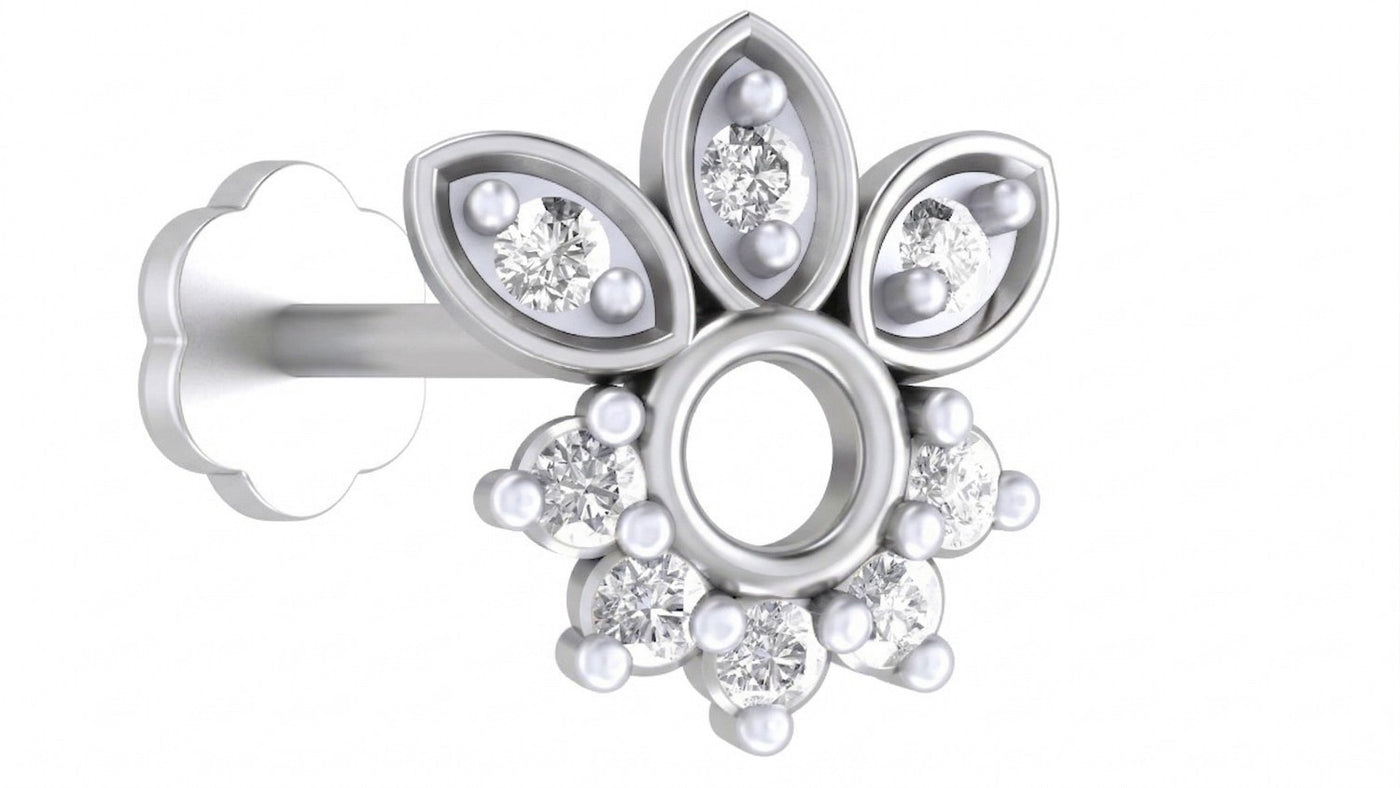White gold floral nose pin with marquise petals, diamond accents, and open center circle.