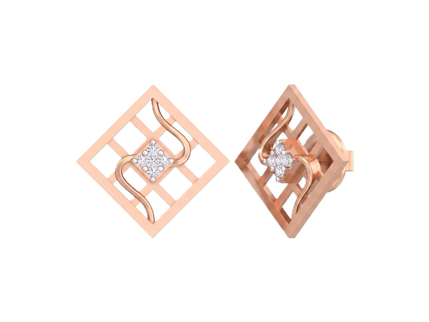 Rose gold and diamond earrings on a white background.