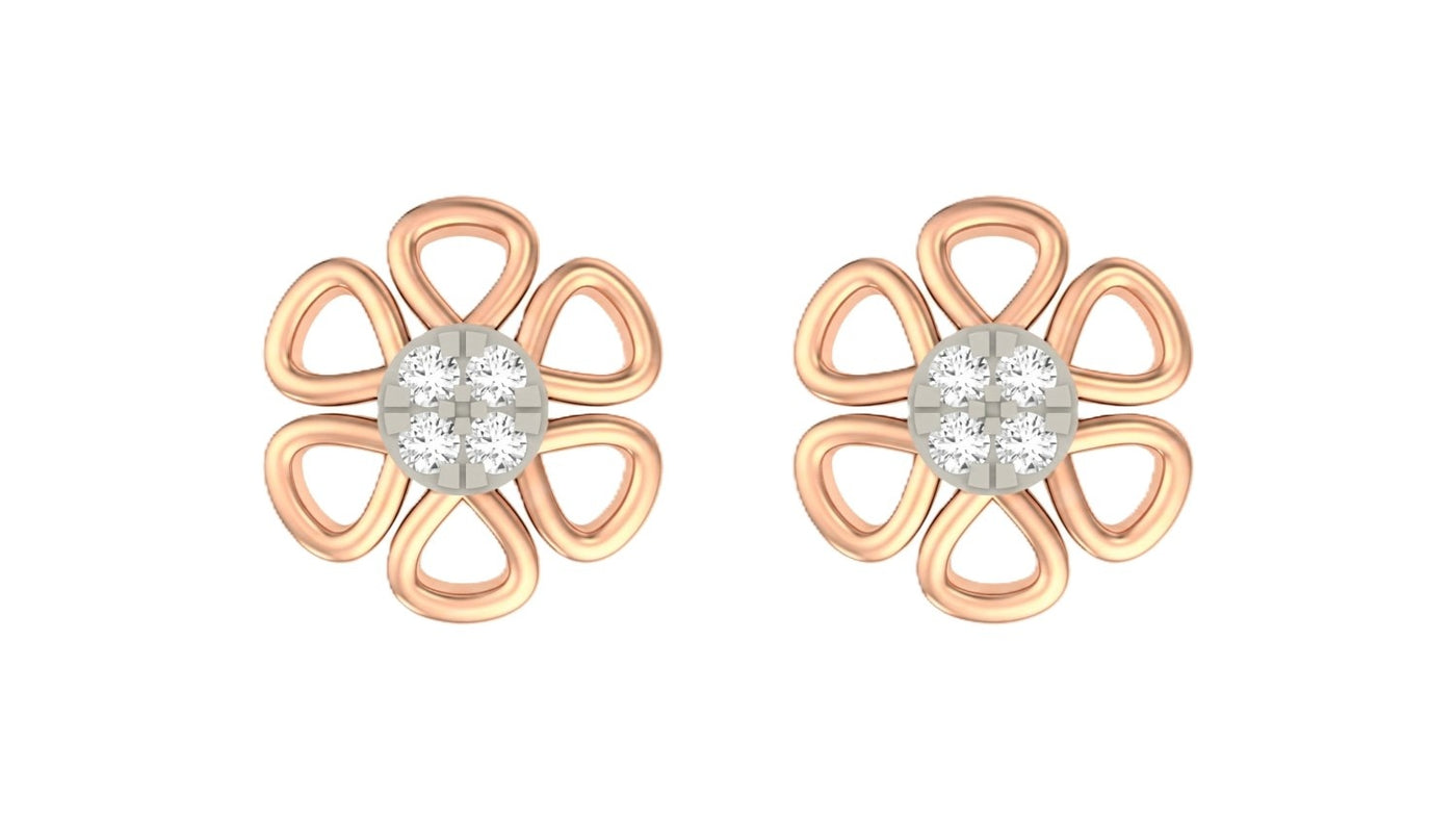 Rose gold an diamond floral stud earrings  white background.