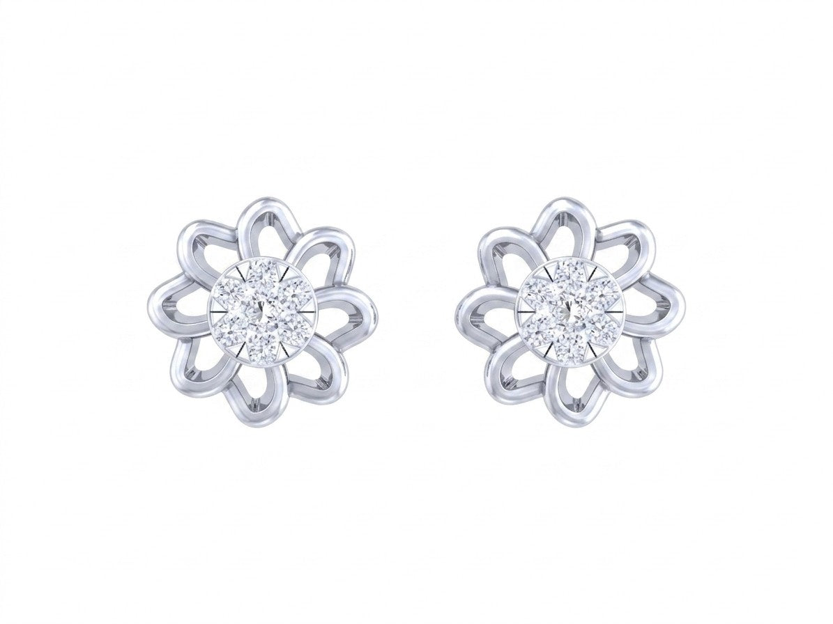 White gold and diamond stud earring with floral-design on a white background.