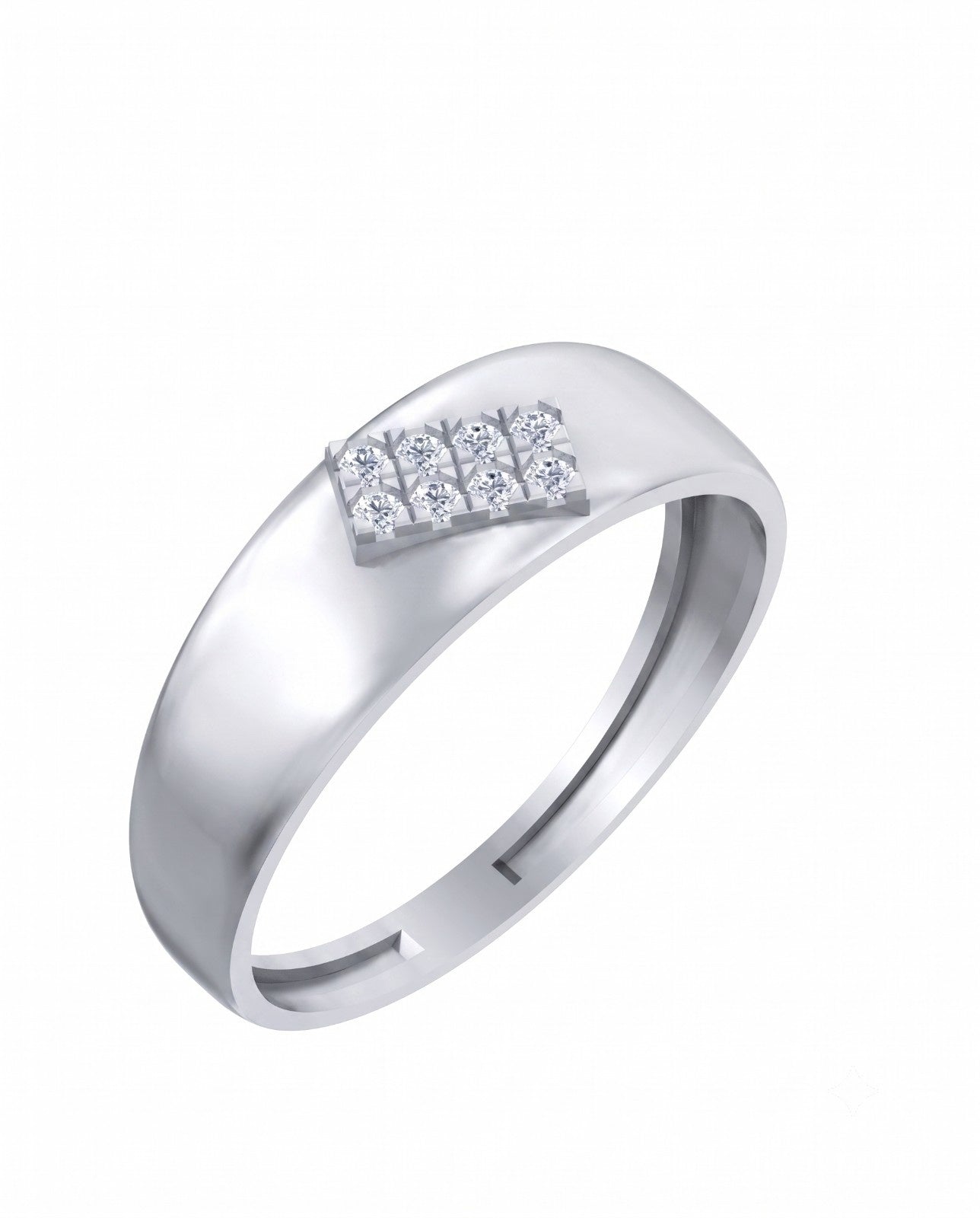 A white gold band ring featuring a rectangular cluster, shown against a plain white background.
