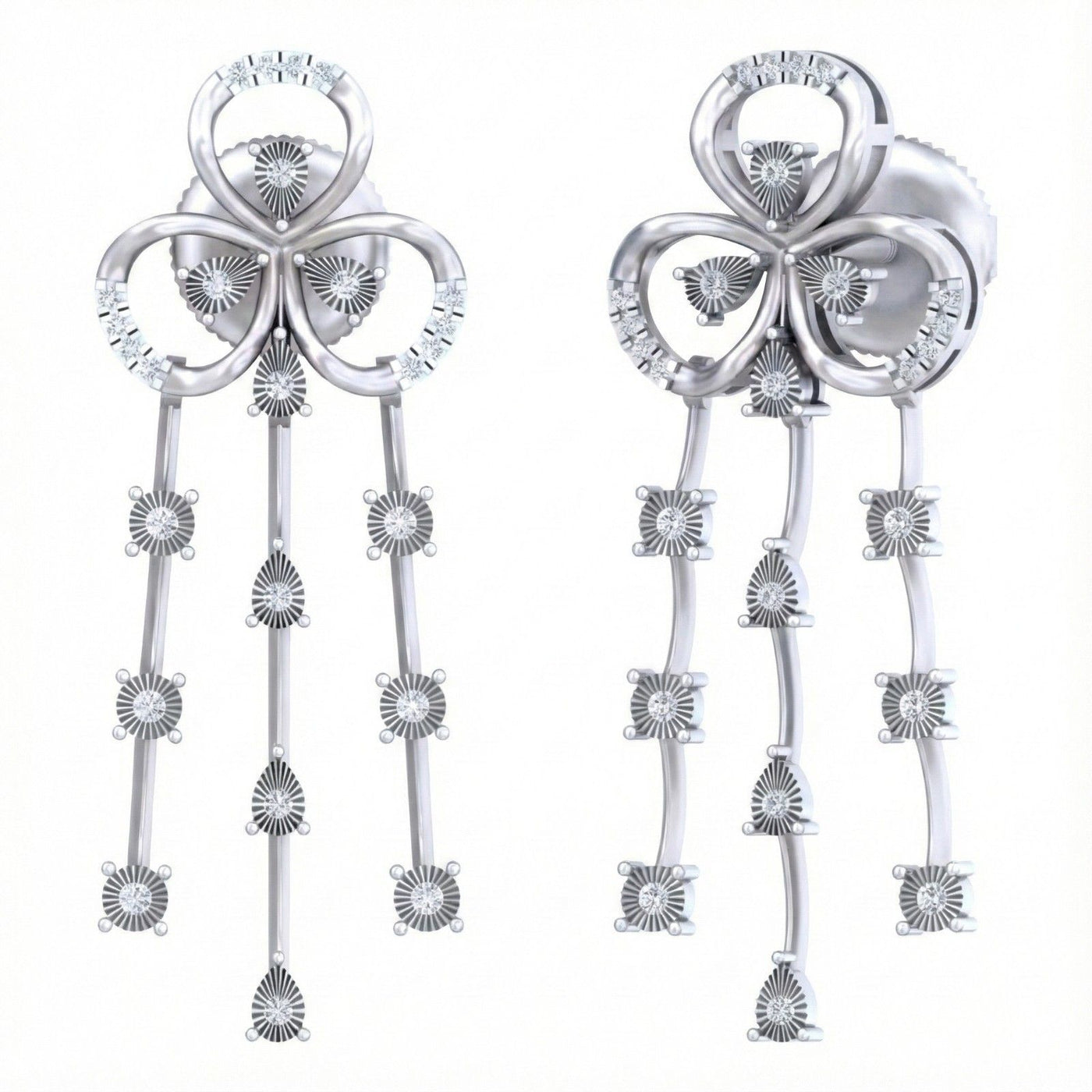 White gold and diamond dangler earring with floral-shaped on a white background.