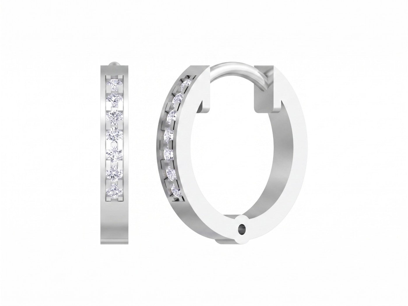 White gold and diamond hoop earrings on a white background