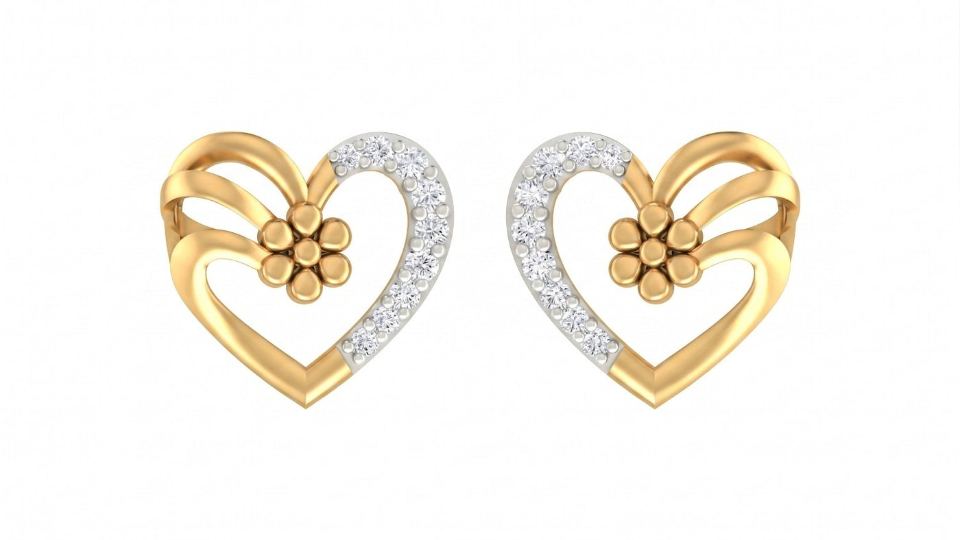 Yellow gold and diamond heart-shaped earrings on a white background