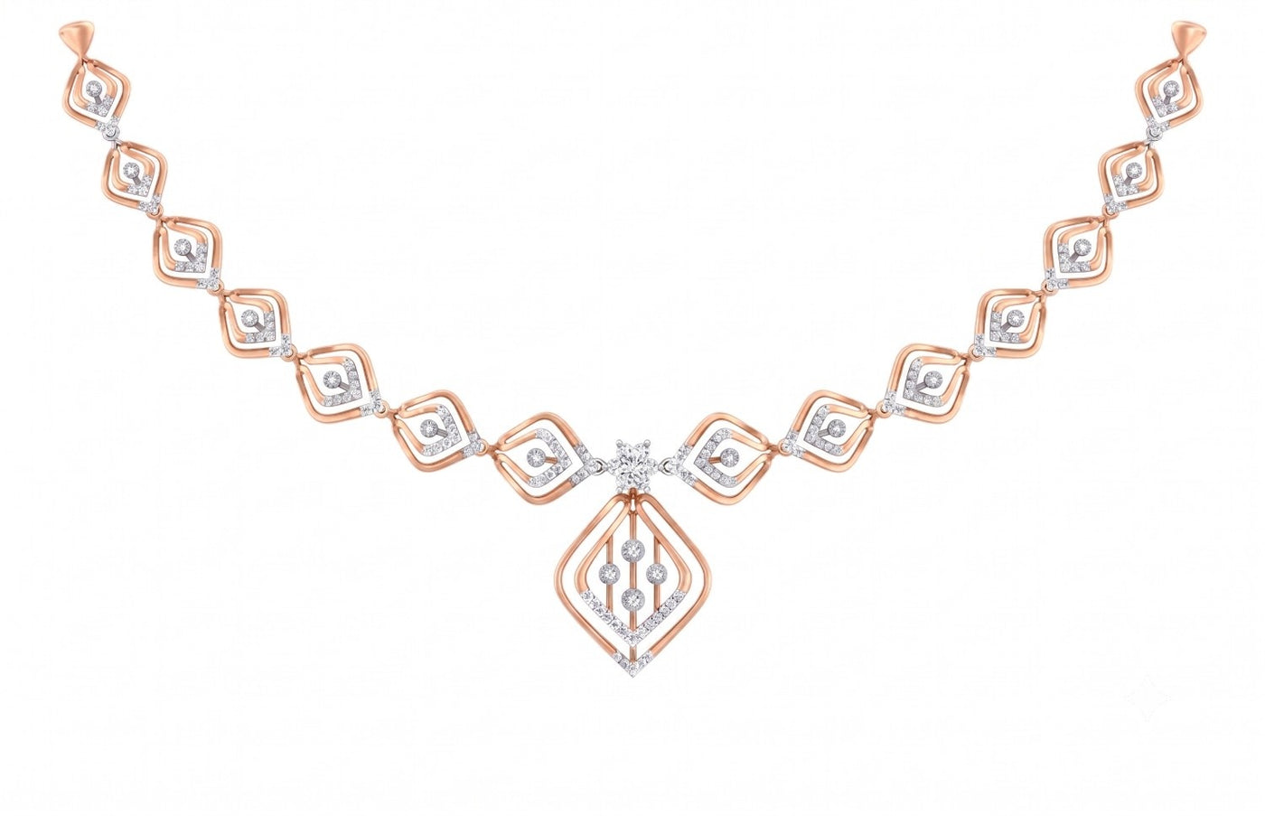 A rose gold and diamond necklace with a geometric pattern and a central floral, displayed on a solid white background.