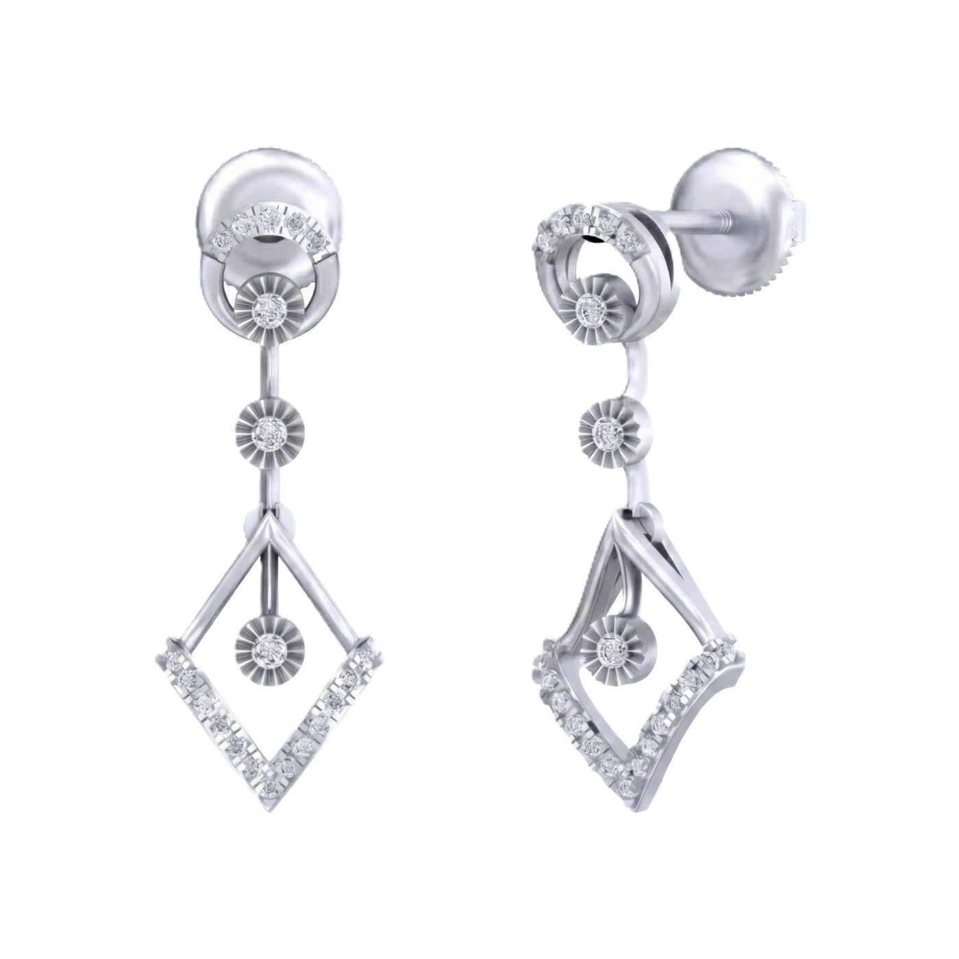 Pair of white gold and diamond dangler earrings on a white background.