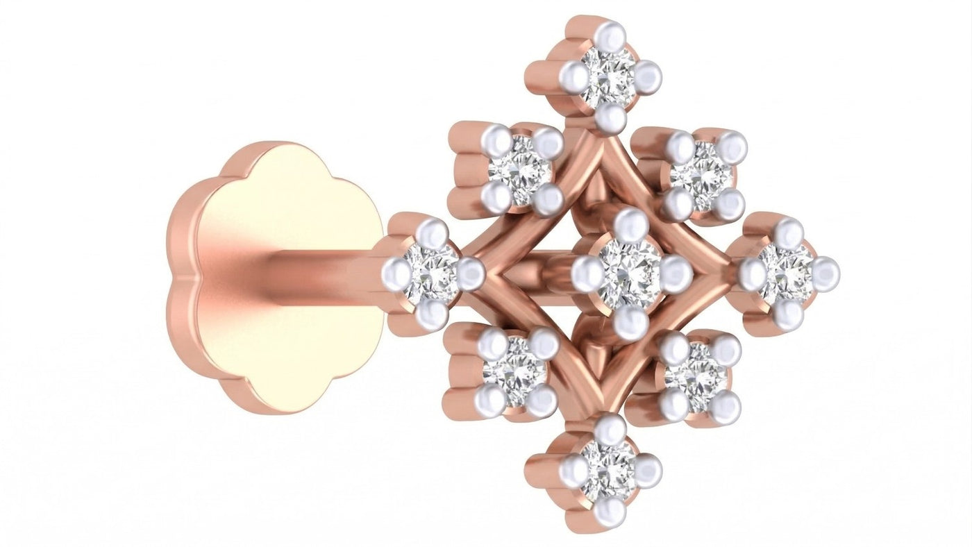 Rose gold and diamond stud nose pin snowflake design on a white background