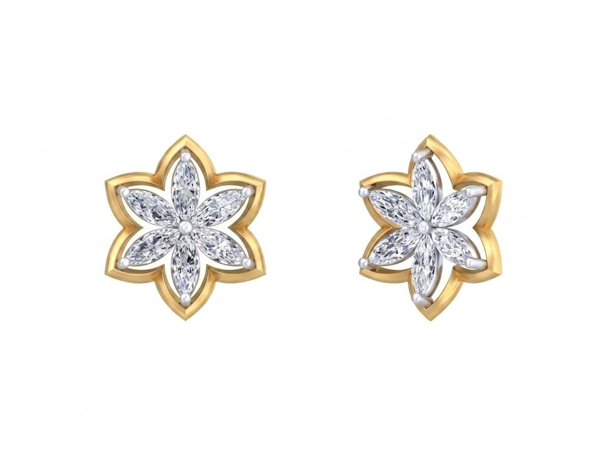Pair of yellow gold and diamond floral-shaped stud earrings on a white background.