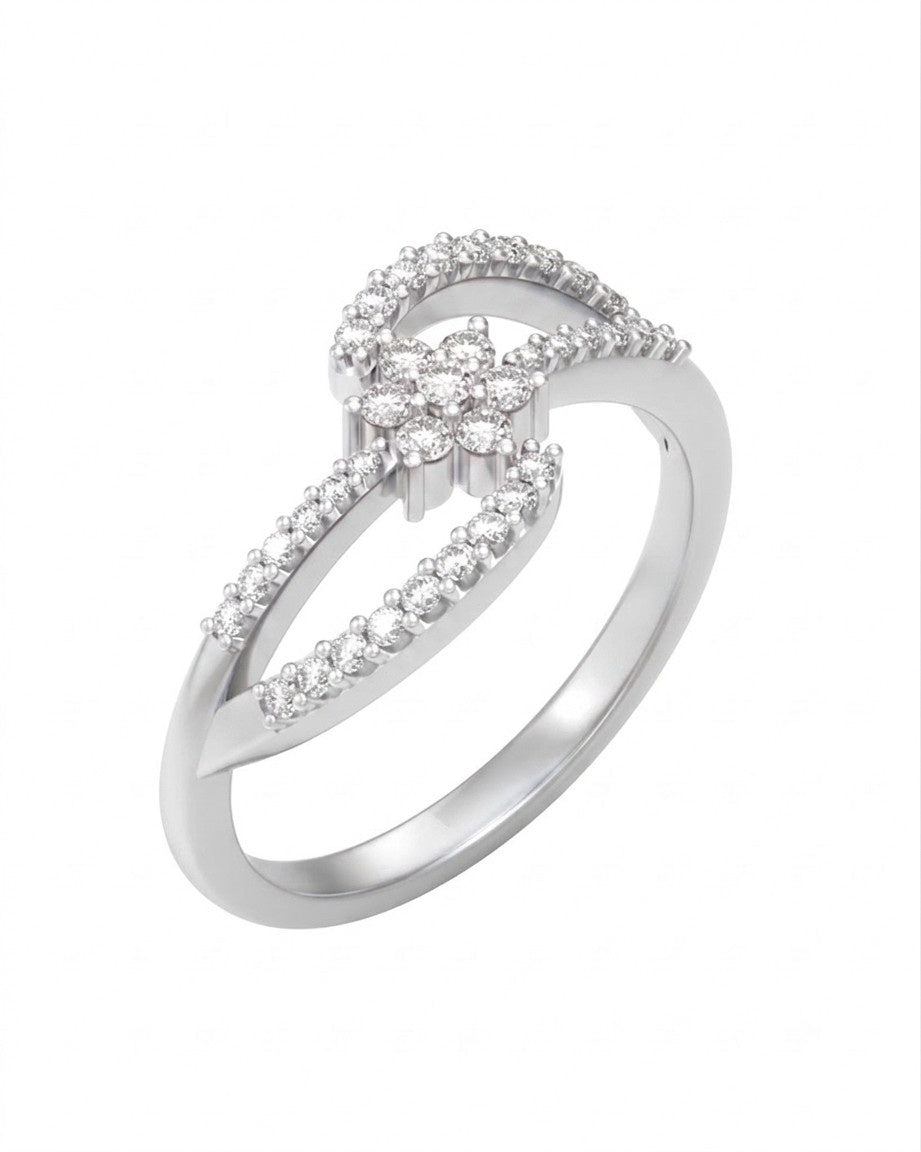 White gold ring with diamond accents on a white background